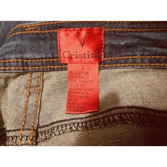 V Cristina Womens Embroidered Jeans Sz2 Midrise Slim Leg Stretch Boho Distressed - Picture 5 of 5